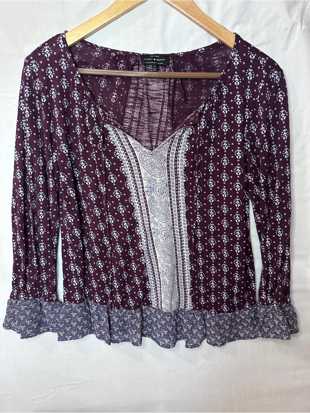 Lucky Brand Plum Printed Long-Sleeve V-Neck Peasant Top